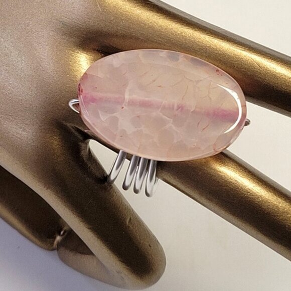 Pink Gemstone Ring with Veins Adjustable Band - Unique, One Of A Kind - Picture 1 of 11